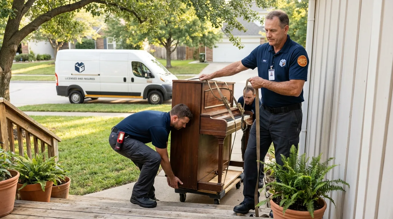 Licensed piano movers securing grand piano in Royersford, PA