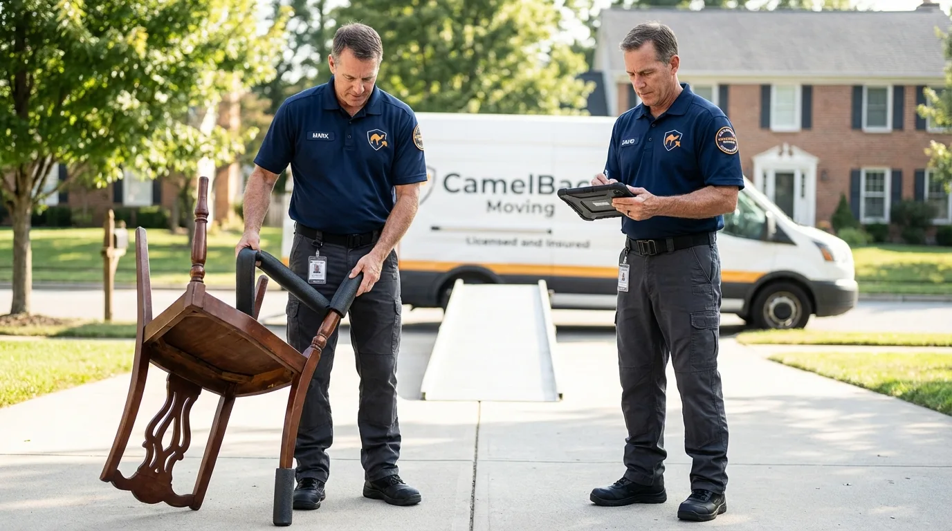 Movers inspecting furniture for damage prevention before loading in Royersford, PA