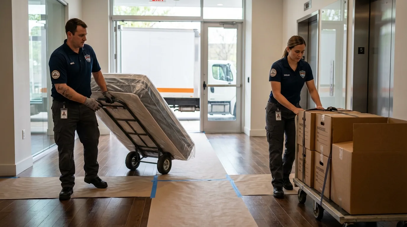 Professional apartment movers loading elevator in Royersford, PA