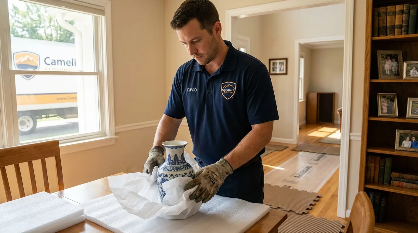 Professional crew carefully wrapping antique vase for senior downsizing move in Royersford, PA